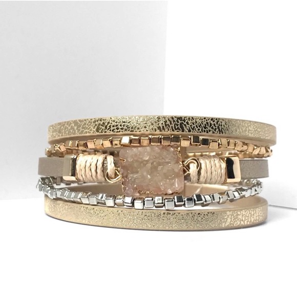 Blossom Boutique Jewelry - 1 LEFT! Taupe Magnetic Blush Stone Beaded Faux Leather Strap Cute Bracelet